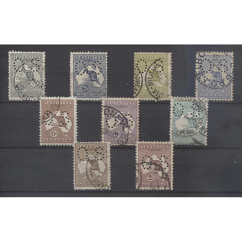 (RS10060) AUSTRALIA · 1915/27: all different used Roos to 2/-(3rd wmk) perf OS in VG to FU condition · 6d ultra is Die II · total c.v. £121 · 9 stamps (2 images)