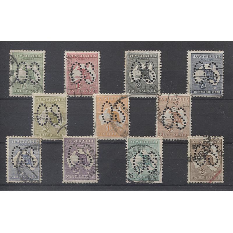 (RS10061) AUSTRALIA · 1913: all different used Roos to 2/- (1st wmk) with large OS perfin · 2½d "as is" · mixed condition so please view both largest images · 6d value has a tear and is not counted in the c.v. of £560 (11)