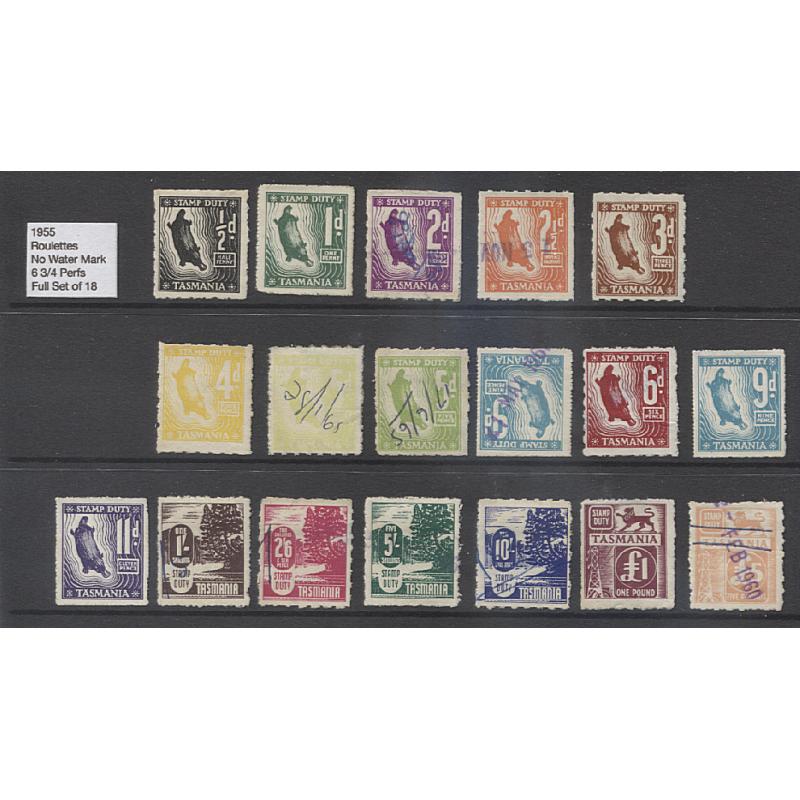 (RS10062) TASMANIA · 1955/61: used and unused Stamp Duty oddments to £5 from the no wmk and wmkd issues · the better values are all in a very collectable condition · total Craig c.v. AU$100+ · (18)