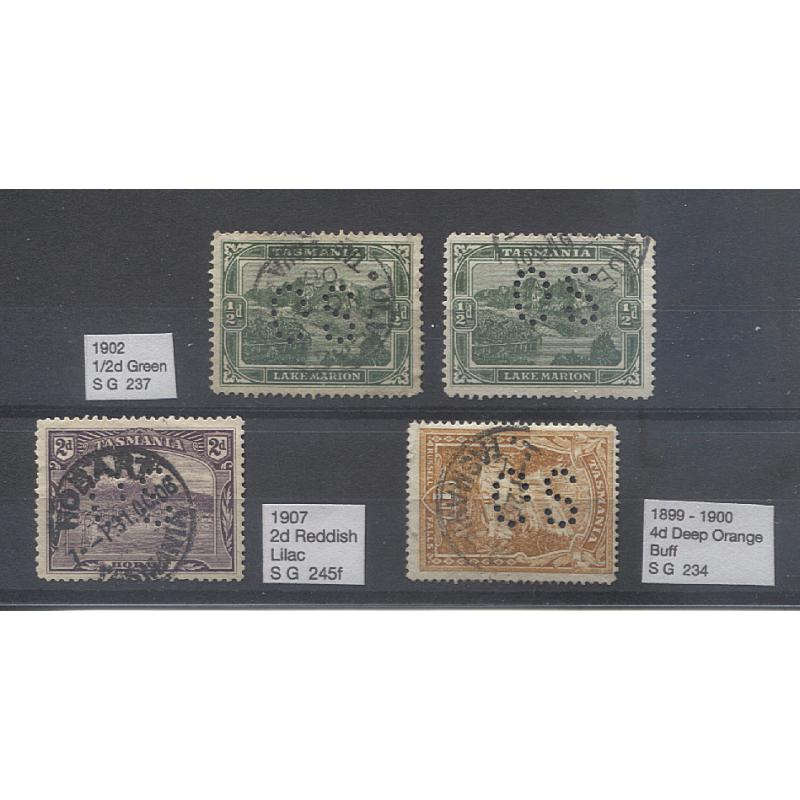 (RS10066) TASMANIA · used ½d (2), 2d and 4d Pictorials all with "Missing Hole at 4 o'clock" OS perfin variety - see largest image which include cat. numbers  · VG to excellent condition throughout (4)