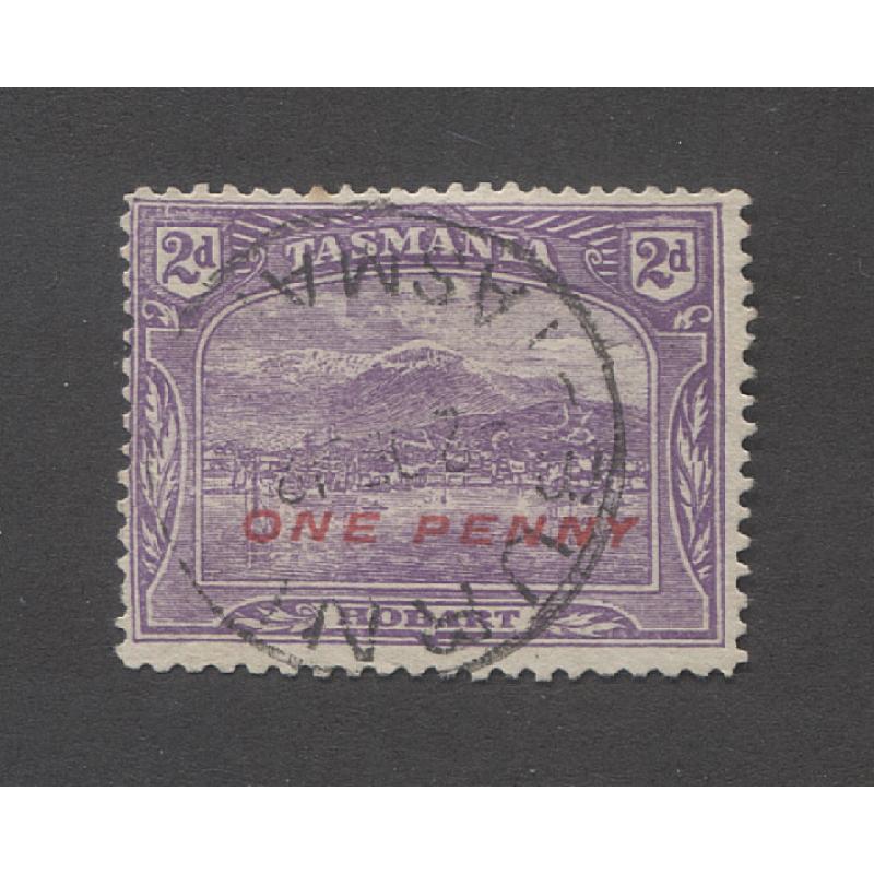 (RS10070) TASMANIA · 1912: nicely used ONE PENNY surcharged 2d bright violet Pictorial with COMPOUND PERFS 12½ + 11 SG 260b · clean hinge remnant o/wise in excellent condition · c.v. £300