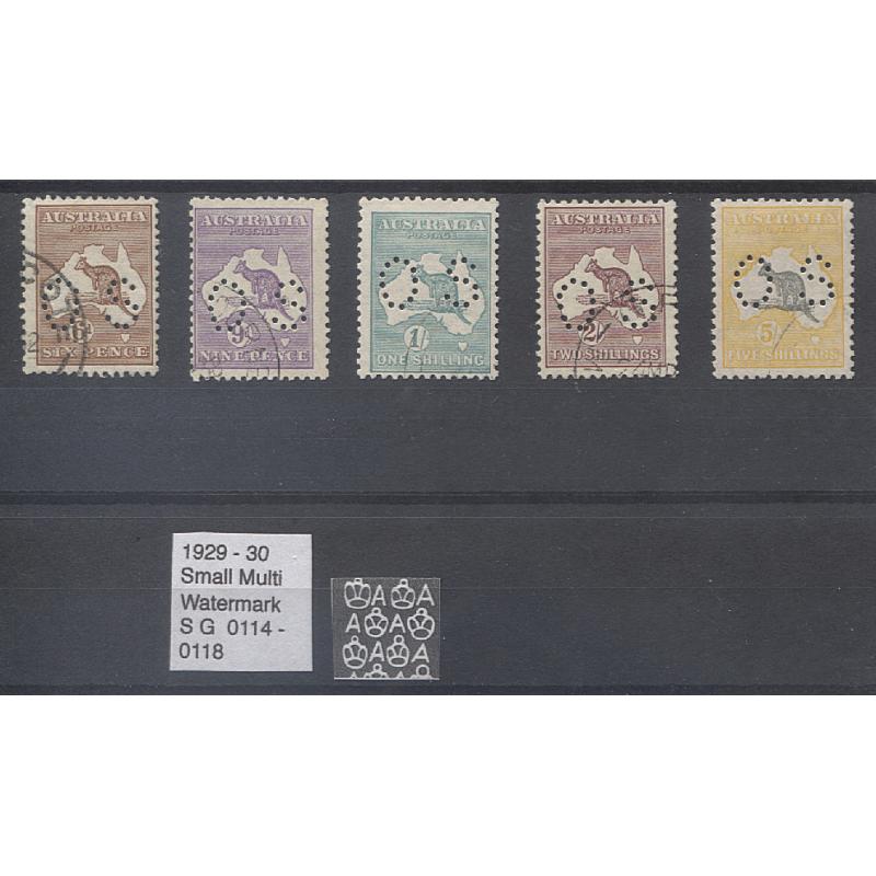(RS10072) AUSTRALIA · 1929/30: F/VFU Roos to 5/- (SM Wmk) all perf OS SG O114/118 · all but the 6d value appear to be CTO but thye gum has been removed · total c.v. £76 · 5 stamps (2 images)