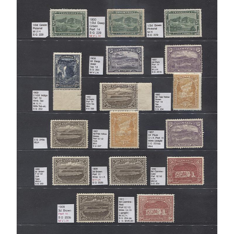 (RS10079L) TASMANIA · 1899/1911: assembly of mint Pictorials labelled by the vendor · condition is a little mixed, mainly the gum sides which include the odd thin, toning, etc. ...... see both largest images · total c.v. approx. £300 (2 images)