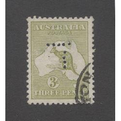 (RS10088) TASMANIA · 1915: used Die II 3d olive Roo (3rd wmk) BW 13B perf T (5x4 holes) with unlisted variety NOTCH IN L. FRAME, etc. · c.v. for 'normal' stamp AU$200 (2 images)