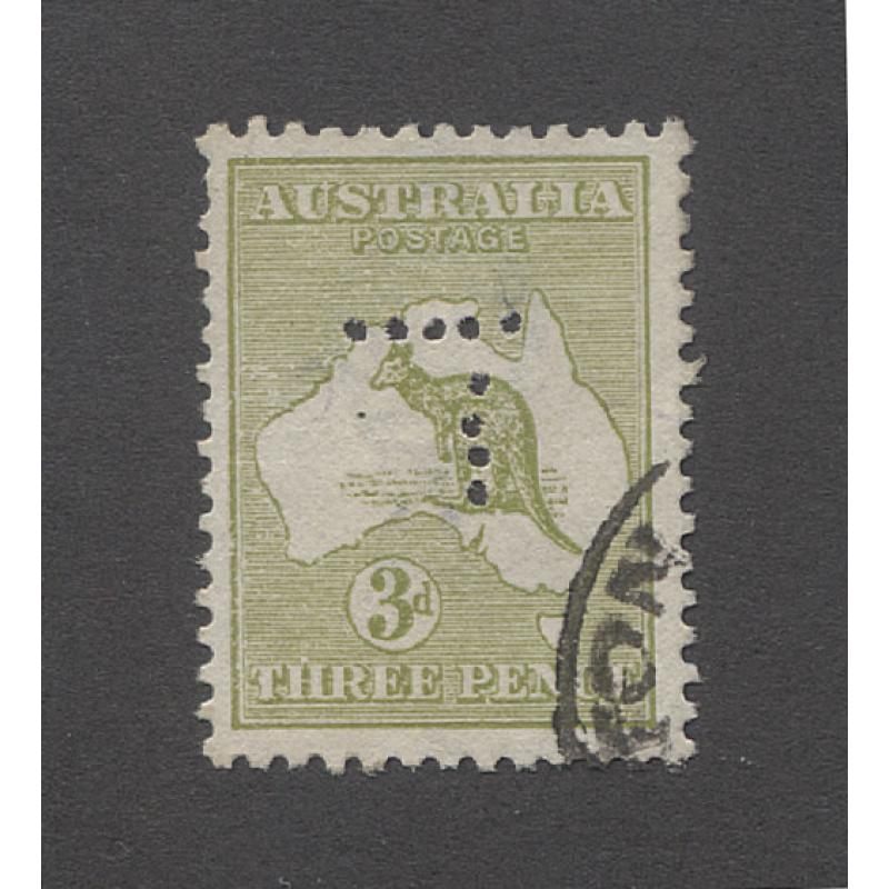 (RS10088) TASMANIA · 1915: used Die II 3d olive Roo (3rd wmk) BW 13B perf T (5x4 holes) with unlisted variety NOTCH IN L. FRAME, etc. · c.v. for 'normal' stamp AU$200 (2 images)
