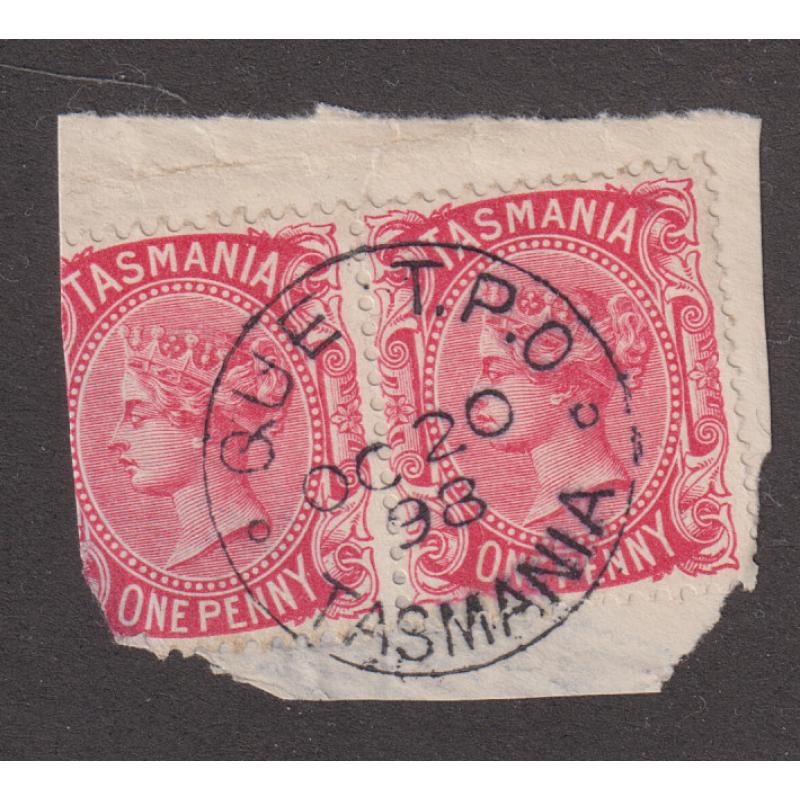 (RS1034) TASMANIA · 1898: a fine strike of the QUE T.P.O. Type 1 cds on a 1d QV S/face franked piece · postmark is rated 3R