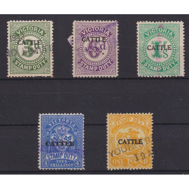 (RS1038) VICTORIA · 1925/51: used 'CATTLE' optd S/Duties oddments to £1 (open "C' type) · 3d has some toned perfs o/wise condition is excellent to fine · Elsmore online c.v. AU$30+ (5)