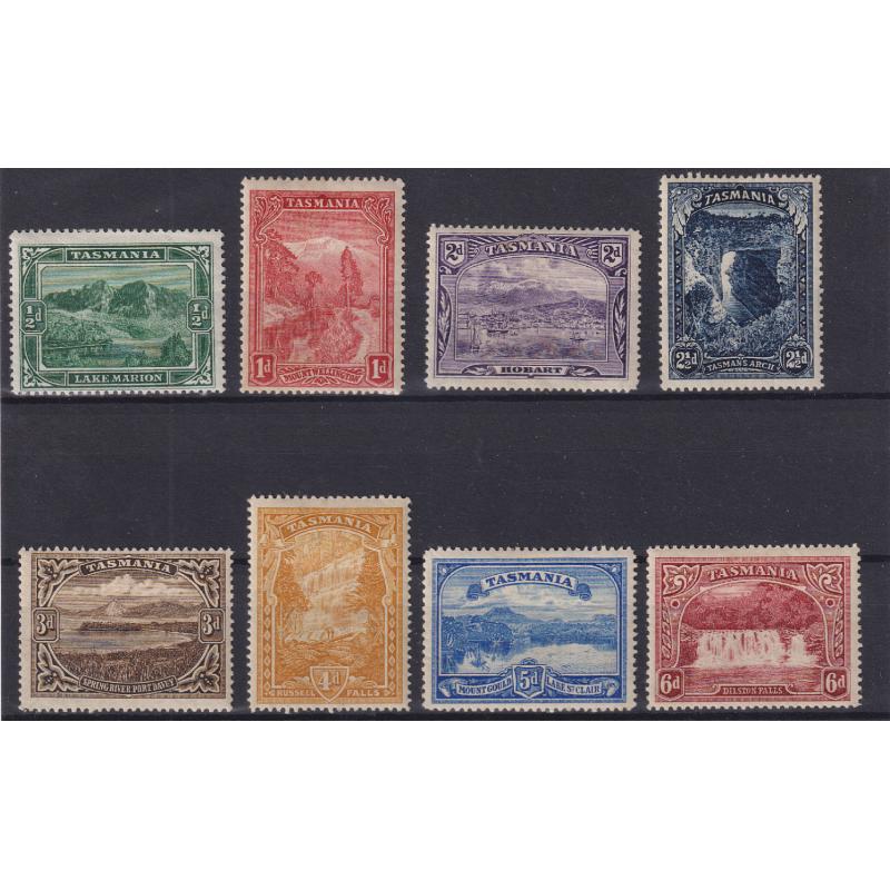 (RS1051) TASMANIA · 1899/1900: complete recess printed Pictorials issue SG 229/236 all in mint condition · c.v. £190 for MLH · gum condition varies so please check largest images · nice appearance from the "business side" (2 images)