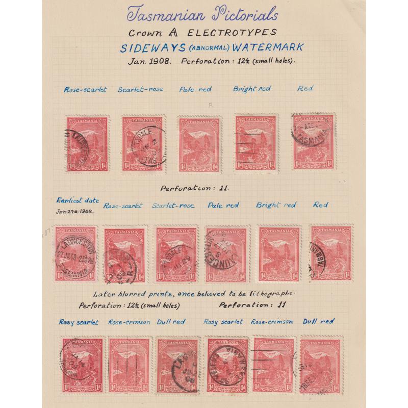 (RS1052L) TASMANIA · 1908: an intact page from the LANCASTER COLLECTION with 2 mint and 15 used electrotyped 1d Pictorials (Crown/A wmk sideways) in both perfs selected by shade · a 'must have' for the sentimental collector