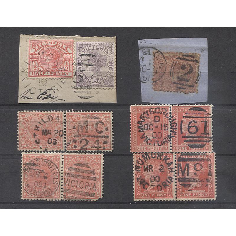 (RS15003) VICTORIA · six different DUPLEX cancels on stamps and piece · nothing scarce but all are collectable examples (6)