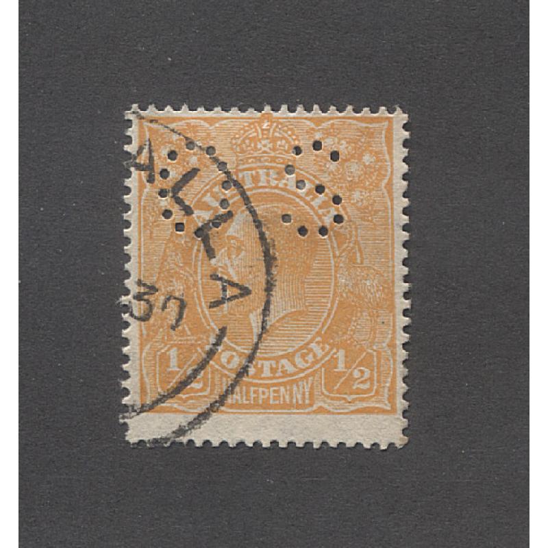 (RS15006) AUSTRALIA · 1926: commercially used ½d orange KGV defin (SM wmk · perf.14) perf OS SG O88 · centering typical for this OS issue · c.v. £180