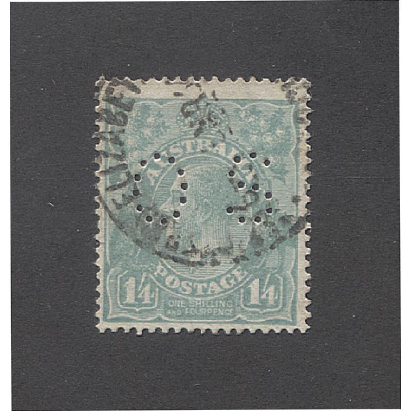(RS15008) AUSTRALIA · 1926: commercially used 1/4d pale greenish-blue KGV defin (SM wmk · perf.14) perf OS SG O96 · short perf on left side o/wise in excellent condition · c.v. £300