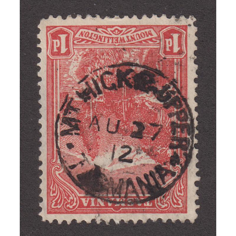 (SF1000) TASMANIA · 1912: a well-inked but clear, full strike of the MT HICKS UPPER Type 1(x) cds on a 1d Pictorial · postmark is rated RRRR(17*)
