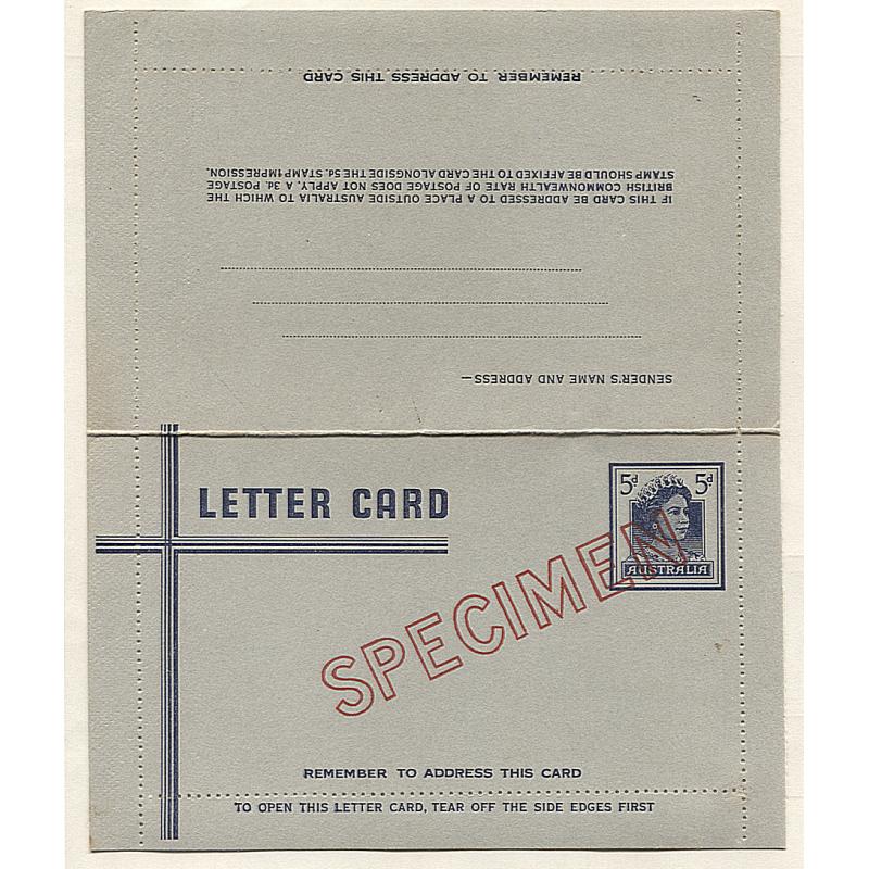 (SL15000) AUSTRALIA · 1960: 5d dark blue/grey QEII lettercard overprinted SPECIMEN in red BW LC84w (c.v. AU$125) · also "normal" card for comparison · two items (2 images)