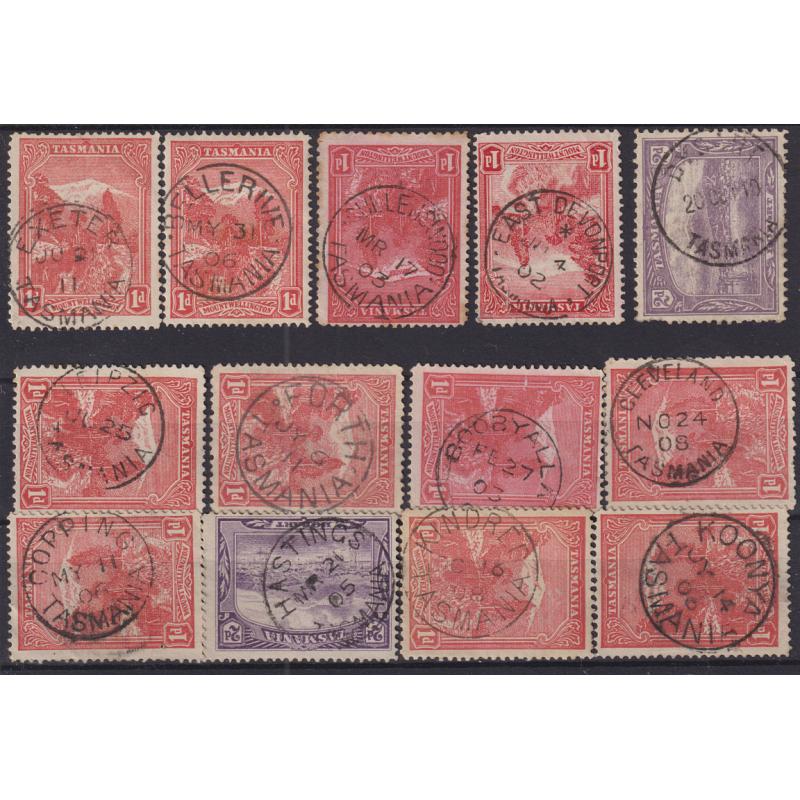 (SS1010) TASMANIA · a Baker's Dozen of postmarks on 1d & 2d Pictorials · noted "better" strikes including DYSART, LEIPZIG, BOOBYALLA, EXETER, KOONYA, etc. (13)