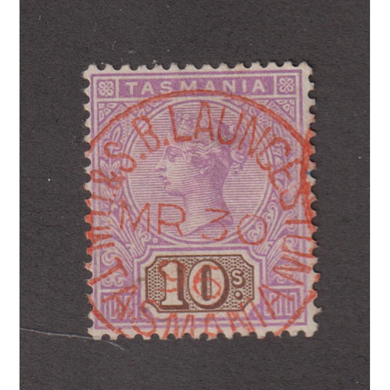 (SS1011) TASMANIA · 1896: a clear impression of the M.O. & S.B. LAUNCESTON Type 1 cds socked-on-the-nose of a 10/- mauve and brown QV Key Plate SG 224 (c.v. £120)  in bright red ink · postmark is rated 2R