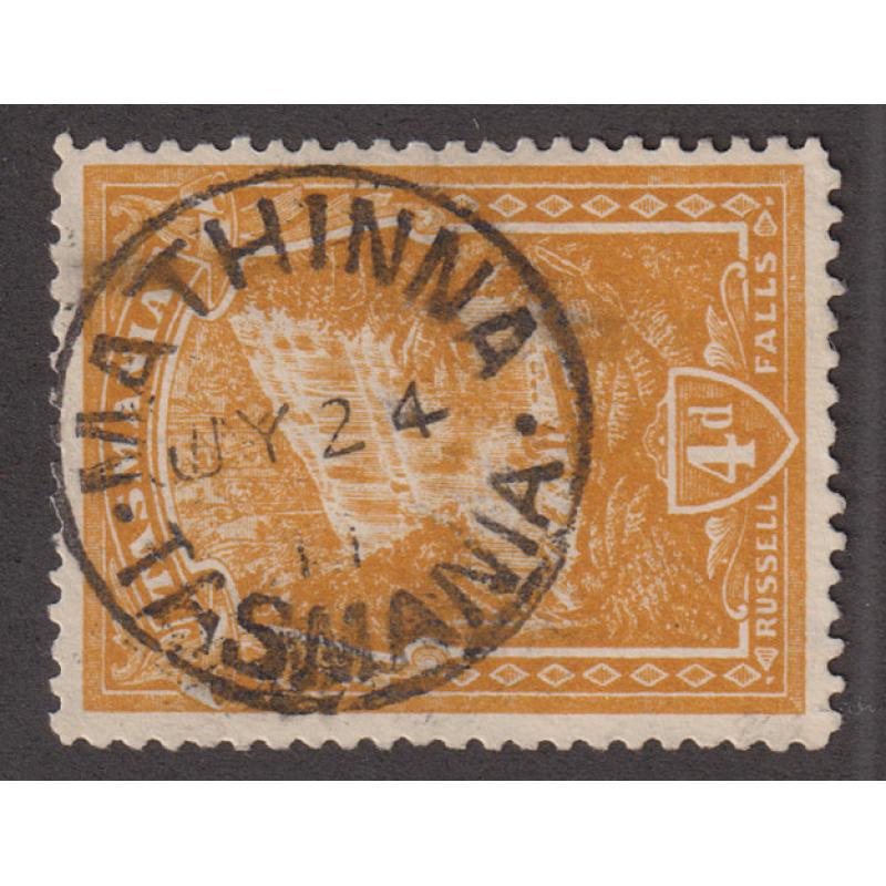 (SS1012) TASMANIA · 1911: a full strike of the MATHINNA Type 1 cds on a 4d Pictorial · uncommon on this stamp · $5 STARTER!!