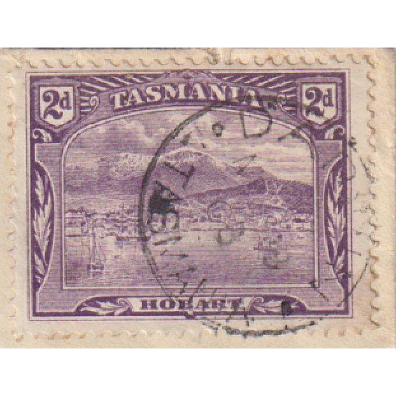 (SS1017) TASMANIA · 1903: a light but discernible strike of the DARWIN Type 1 cds ties a 2d Pictorial to a Tattersall alias address at Hobart · postmark is rated RR(11*) and is rarer still "on cover"