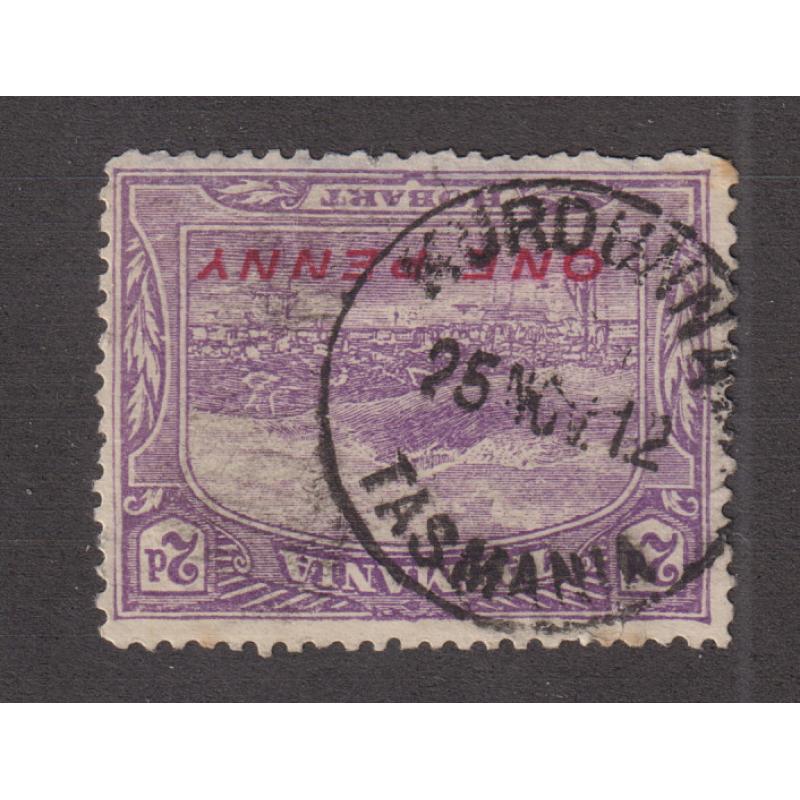 (SS1030) TASMANIA · 1912: a very clear and near complete strike of the MURDUNNA Type 2 cds on a ONE PENNY surchd 2d Pictorial · postmark is rated RR+(12)