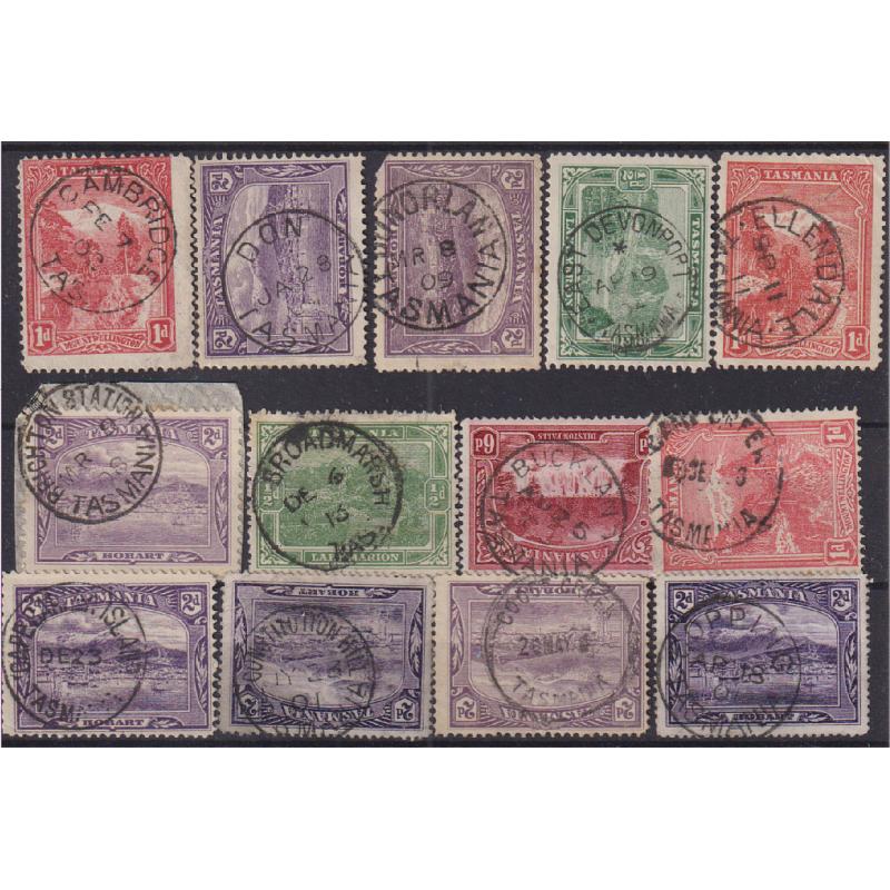 (SS1034) TASMANIA · a Baker's Dozen of postmarks on Pictorials to 6d · noted "better" strikes including CAMP CREEK, COOEE CREEK, CONSTITUTION HILL, BUCKLAND on a 6d, etc. (13)