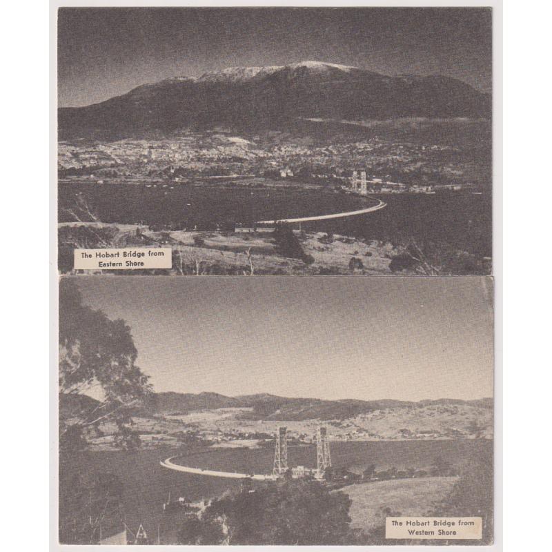 (SS1042) TASMANIA · c.1950: two unused b&w cards by Hobart booksellers O.B.M. with views of THE HOBART (FLOATING) BRIDGE from the Eastern and Western shores of the Derwent · both cards are in excellent to fine condition (2)