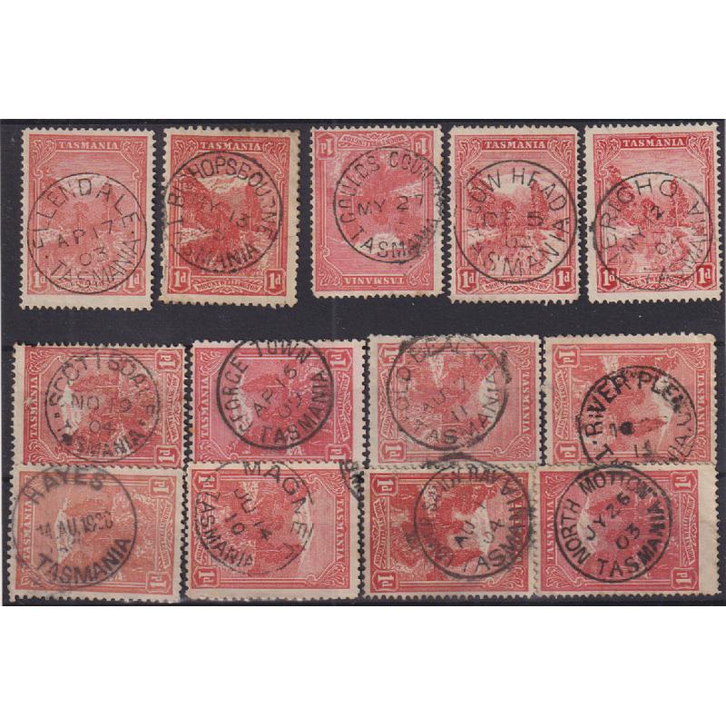 (SS1046) TASMANIA · a Baker's Dozen of postmarks on 1d Pictorials · noted "better" strikes including GOULDS COUNTRY, HAYES, MAGNET, LOW HEAD, etc. (13)