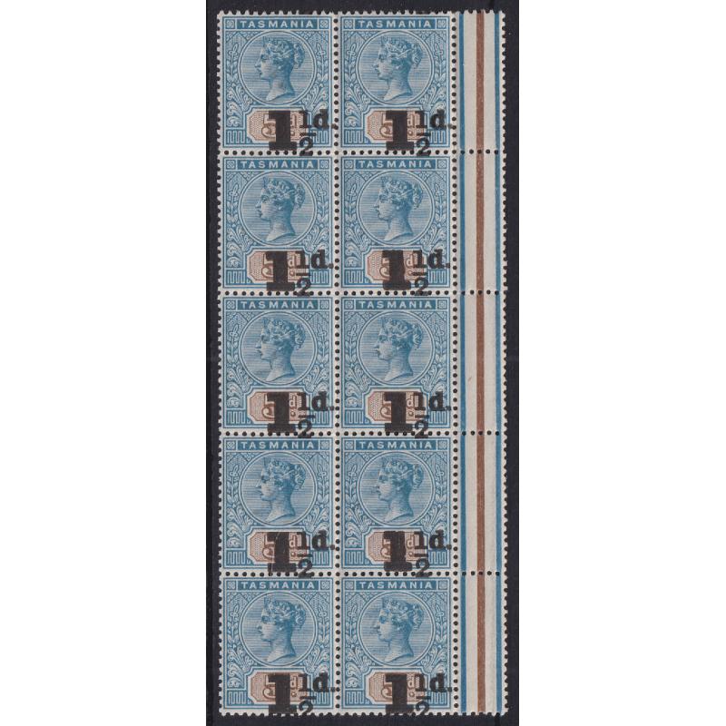 (SS1057) TASMANIA · 1904: fresh MNH block of 10x 1½d on 5d pale blue & brown QV Key Plate SG244 showing the surchage so misplaced that each impression appears on two stamps in the multiple ..... see largest image (10)