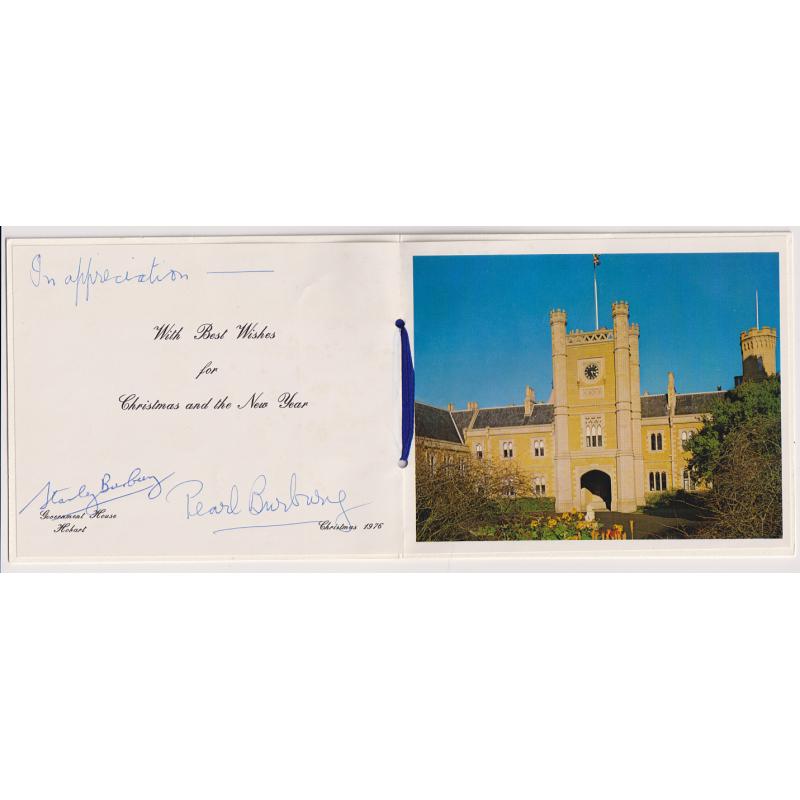 (SS1066) TASMANIA · 1975/76: Vice-Regal Christmas / New Year cards with Government House views signed by Stanley Burbury and his wife Pearl · both items are in fine condition (3 images)