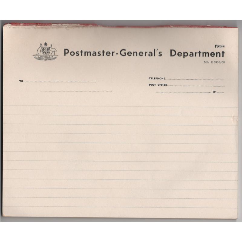 (SS1095L) AUSTRALIA · 1968: Postmaster-General's Department notepad (205x170mm) PM44 (Sch. C5356/68) with approx. 50 pages remaining · excellent clean condition throughout