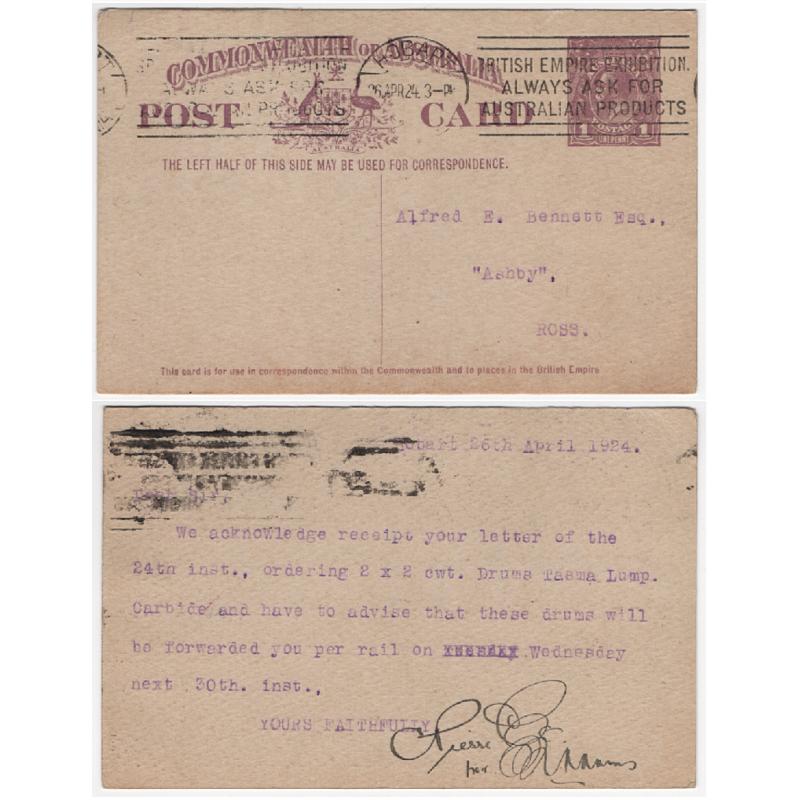 (SS1101) AUSTRALIA · TASMANIA  1924: 1d violet KGV postal card on off-white stock BW P56(2) used by Piesse & Co. Launceston as an advice card · see full description · c.v. AU$50