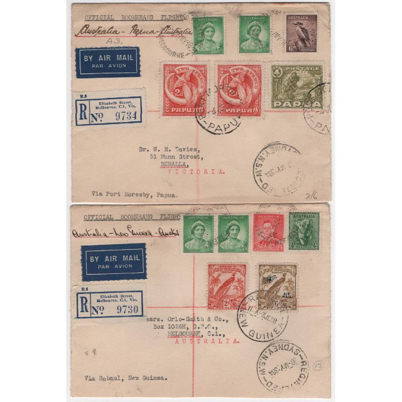 (SS1102) AUSTRALIA · 1938: registered "Boomerang" covers carried on the 1st official flight by Carpenter Airlines from Australia to Papua then New Guinea and return AAMC #812 · see full description · total c.v. AU$100 (2 images)