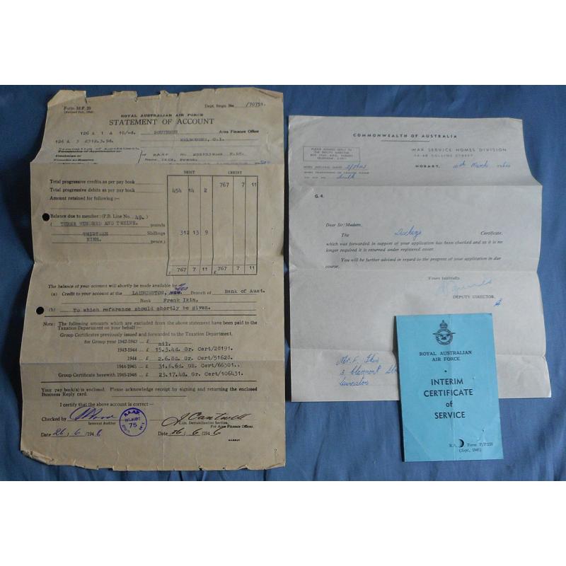 (SS1102) AUSTRALIA · 1946/64: an INTERIM CERTIFICATE of SERVICE (R.A.A.F.), a STATEMENT of ACCOUNT issued on de-mobilsation; also letter re application for a War Service Home (3)