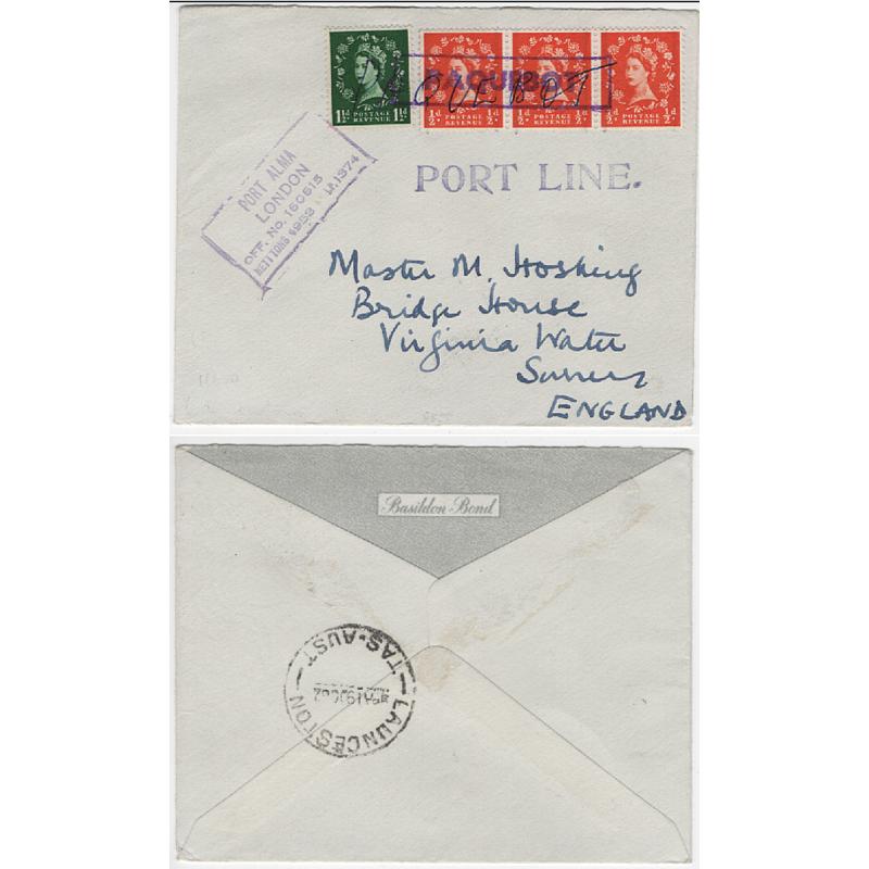 (SS1118) TASMANIA · 1962: small cover mailed on board the PORT ALMA with GB "Wilding" franking endorsed "PAQUEBOT" overstamped PAQUEBOT at Launceston in transit to the U.K. · see description