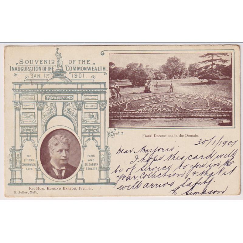 (SS1143) VICTORIA · 1901: souvenir postcard SOUVENIR OF THE INAUGURATION OF THE COMMONWEALTH by R. Jolley postally used to Hobart · excellent condition front and verso
