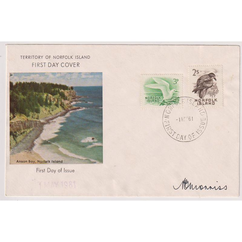 (SS1149) NORFOLK ISLAND · 1961: unaddressed FDC with 3d & 2/- pictorial defins SG 26, 32 with signature of stamp designer (Peter Morriss) · see full description