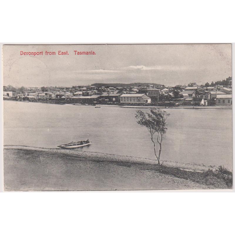 (SS1153) TASMANIA ·  1907: b&w card produced by Spurling & Son for J. Whitfield Printer & Stationer Devonport w/view of DEVONPORT FROM EAST · postally used with 1d Pictorial franking · excellent to fine condition