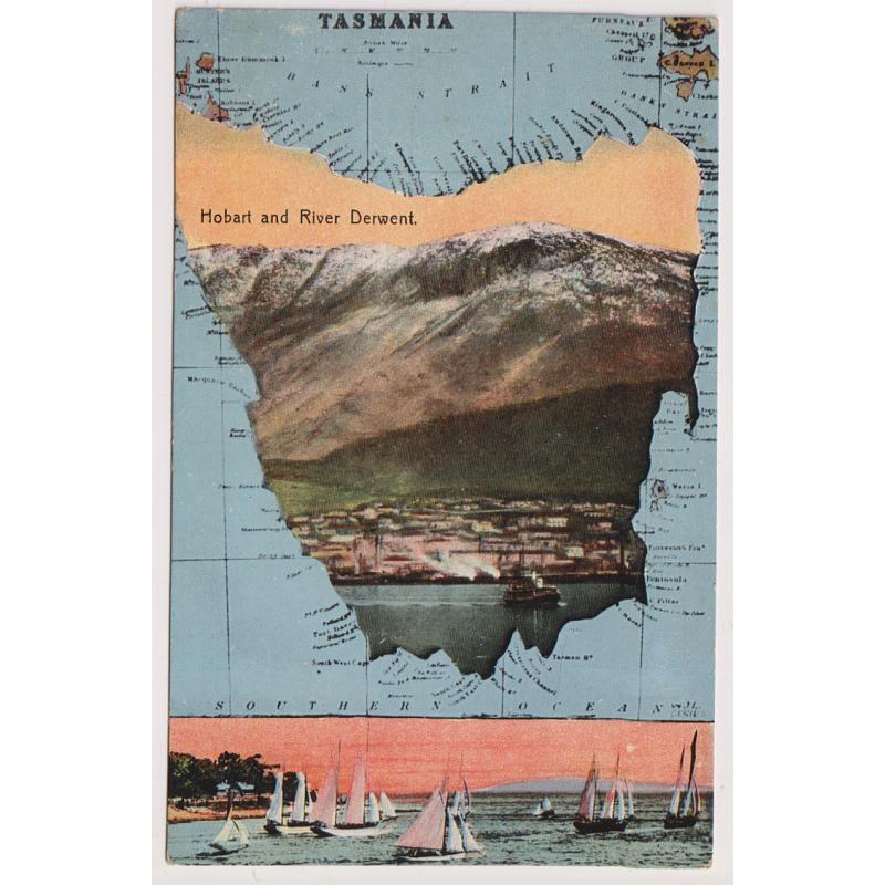 (SS1157) TASMANIA ·  c.1910: unused card by McVilly & Little card from Series 11a with a map of Tasmania  and an inserted view HOBART AND RIVER DERWENT  · fine condition