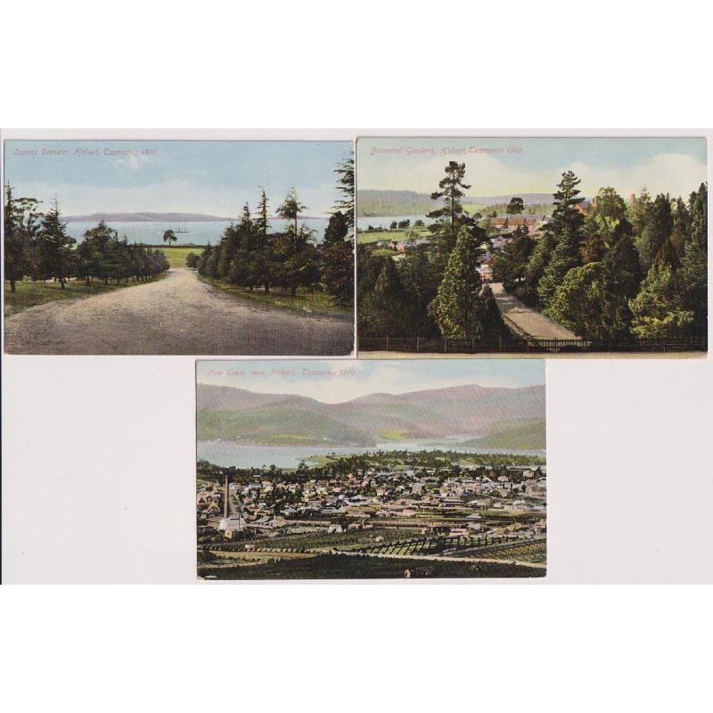 (SS1158) TASMANIA ·  1910: 3 unused cards by McVilly & Little numbered 45, 46 & 47 w/views of NEW TOWN, BOTANICAL GARDENS and QUEENS DOMAIN · excellent clean condition throughout (3)