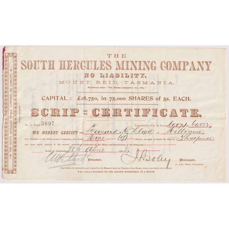 (SS1160L) TASMANIA ·  1898: SCRIP CERTIFICATE for 9 shares in THE SOUTH HERCULES MINING COMPANY N.L. at Mount Reid · folded for mailing o/wise in excellent to fine condition