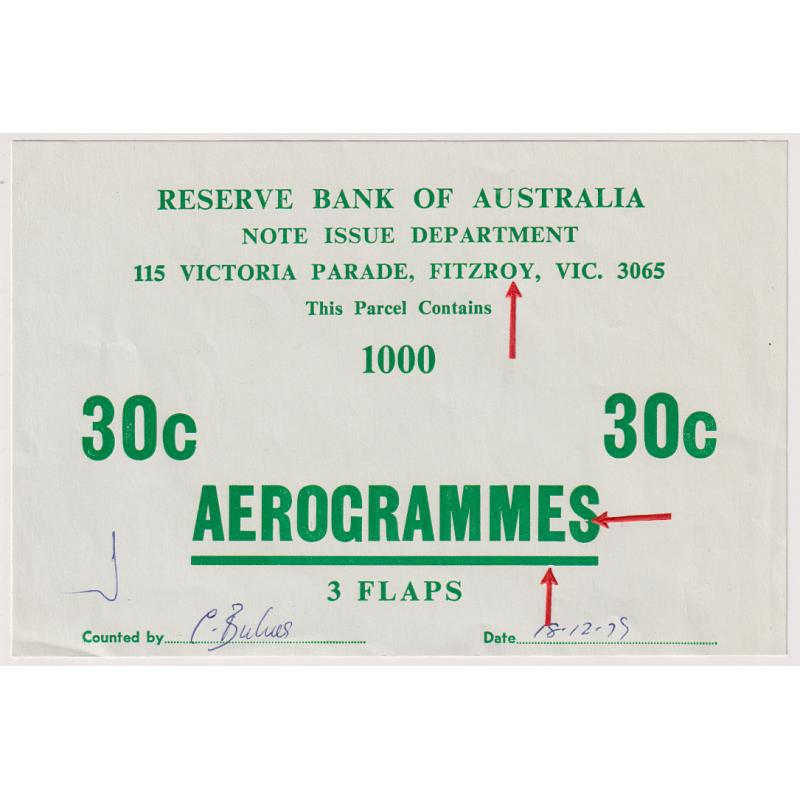 (SS1161) AUSTRALIA · 1979: Reserve Bank · Note Issue Department label for a parcel of 1000x 30c AEROGRAMMES · "red arrows" added by a specialist label collector (?!) can be easily removed · $5 STARTER!!