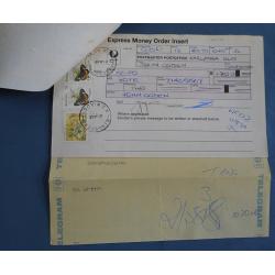 (SS1167L) AUSTRALIA · 1985: 13x used telegram/express money order forms with documentation · contemporary franking to $10 affixed · most folded once · nice "usage" items (6 sample images)