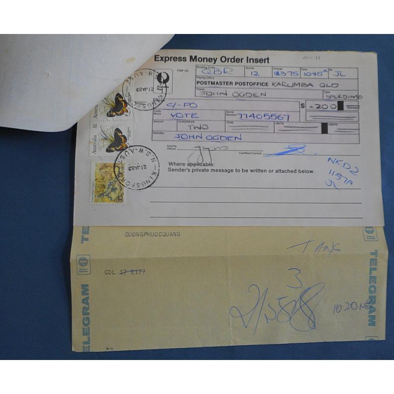 (SS1167L) AUSTRALIA · 1985: 13x used telegram/express money order forms with documentation · contemporary franking to $10 affixed · most folded once · nice "usage" items (6 sample images)