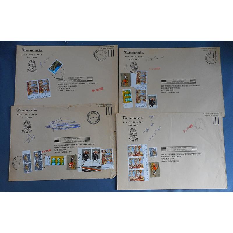 (SS1171L) AUSTRALIA · 1978: 7x Business Reply Post envelopes to the Department of Tourism, Hobart with the applicable fees paid in affixed definitive issues to $2 · overall condition is excellent (2 images)