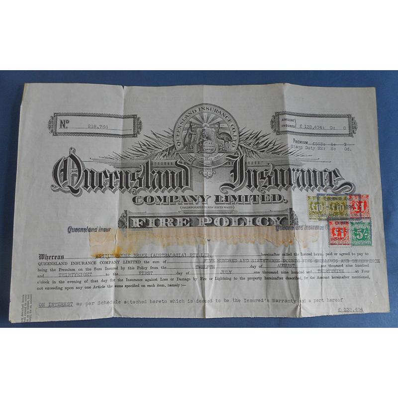 (SS1172L) NEW SOUTH WALES · 1939: top part of Queensland Insurance Co. Fire Policy with 2x £10, 2x £1 and a 5/- Numeral S/Duties all with Q.I Co private perfin · condition as per largest image