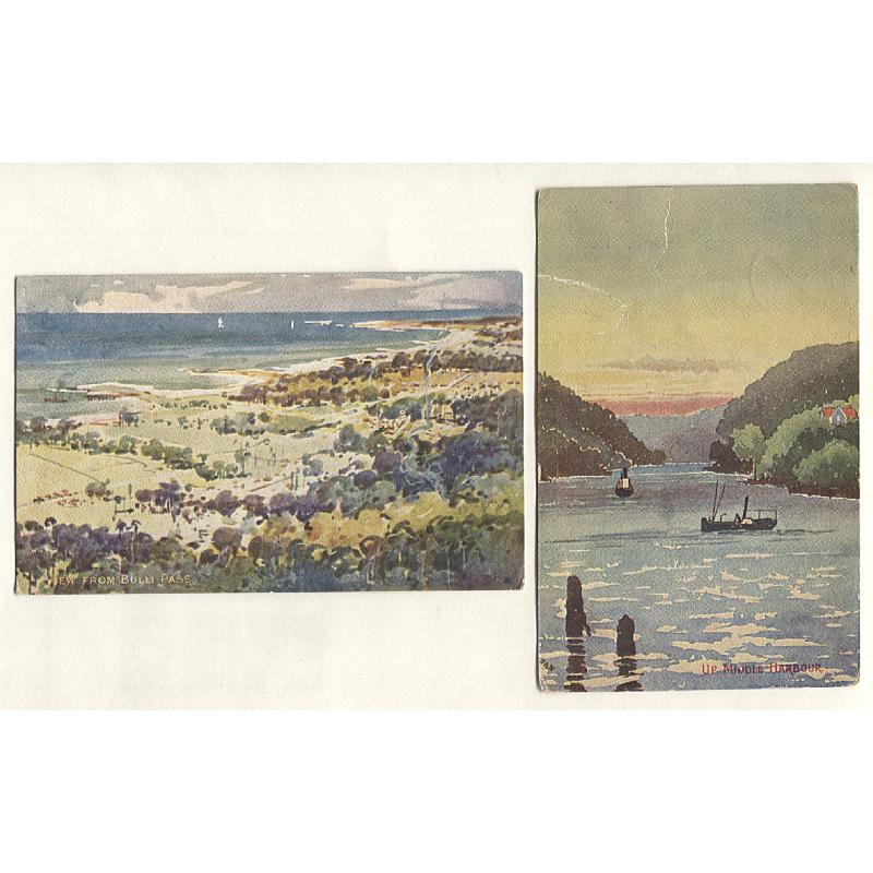 (SS15009) NEW SOUTH WALES · c.1910: two artist style cards with painted views of BULLI PASS (NSW Bookstall) and MIDDLE HARBOUR (WT Pater) · any imperfections are minor · uncommon duo
