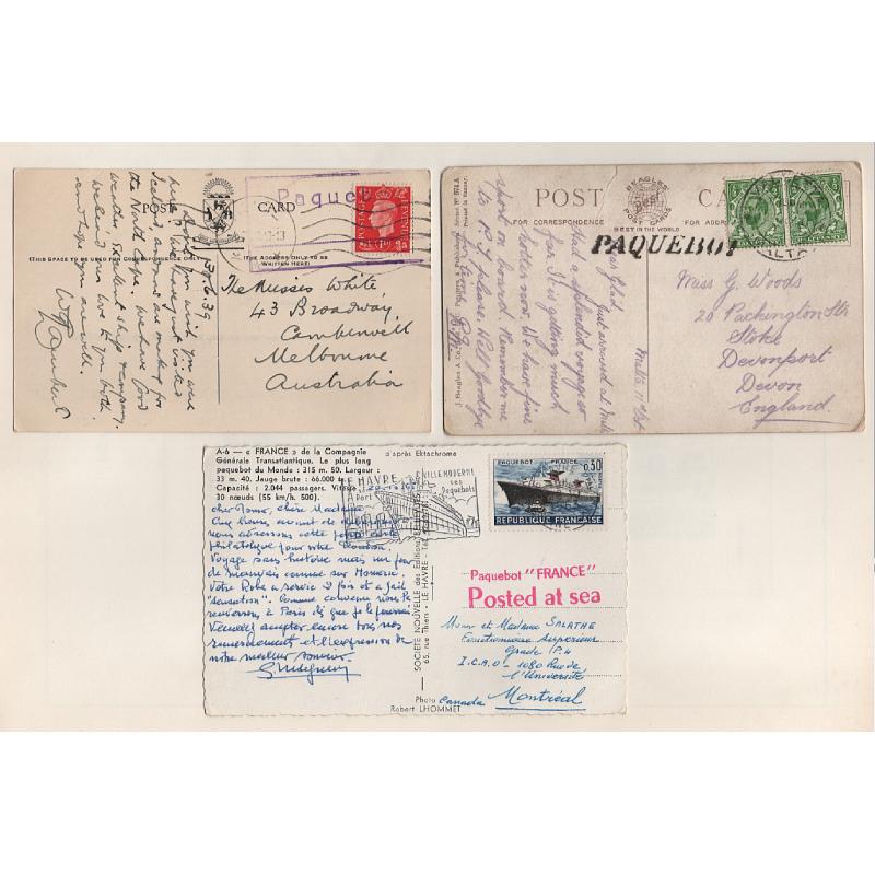 (SS15026) G.B.  FRANCE  1911/63: three postcards all posted at sea with PAQUEBOT cancels · please see largest image (3)