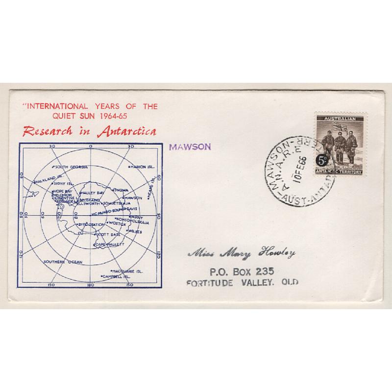 (SS15029) AUSTRALIAN ANTARCTIC TERRITORY · 1966: "International Years of the Quiet Sun 1964-65" souvenir cacheted cover mailed to QLD at MAWSON · VF condition