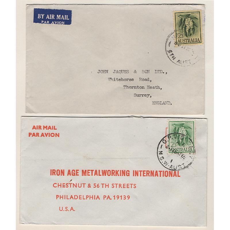 (SS15034) AUSTRALIA · 1964/65: commercial air mail covers single 2/3d Wattle franking on different papers · both items are in excellent to fine condition (2)