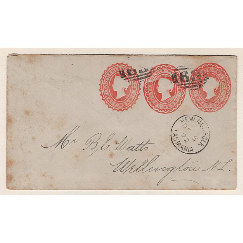 (SS15036) TASMANIA · 1892: ½d+1d+1d QV "Tripleton" stamped-to-order envelope Groom & Shatten SO17.4 mailed at New Norfolk to New Zealand address · some foxing but still quite displayable · rated RR