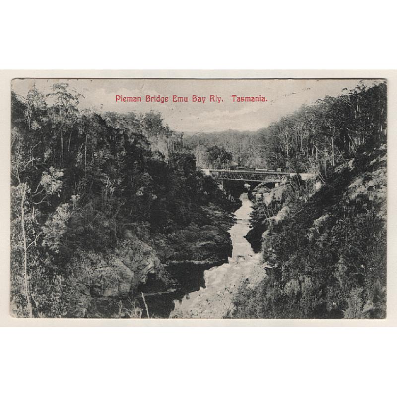 (SS15037) TASMANIA · 1906: card by Spurling & Son w/view of the PIEMAN BRIDGE, EMU BAY RLY postally used from Ringarooma to Lefroy · excellent condition